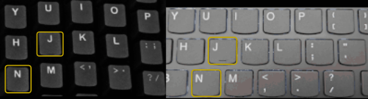 The difference in spacing between J and N on the Moonlander (left) and my laptop (right).